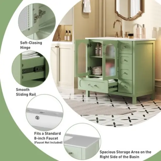 36 Inch Bathroom Vanity with Ceramic Sink, Freestanding Cabinet with 4 Drawers, 2 Soft-Close Waffle Glass Doors & Adjustable Shelf image {1}