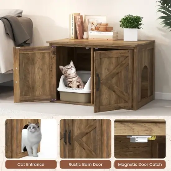 Tangkula Cat Litter Box Enclosure w/ Double Barn Doors Removable Divider Middle Entry image {5}