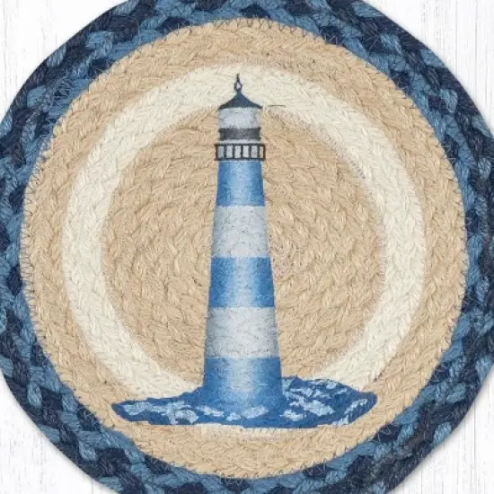 Earth Rugs Blue and White Lighthouse Round Trivet &ndash; 10" Nautical Print on Braided Natural Jute image {2}