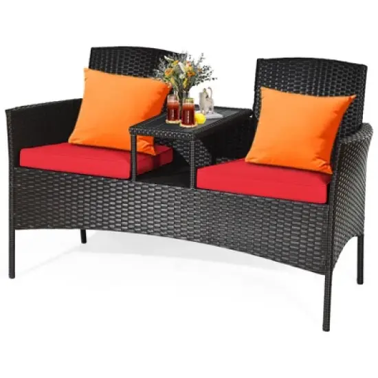 Tangkula Outdoor Patio Rattan Wicker Conversation Set Loveseat Sofa with Coffee Table image {2}