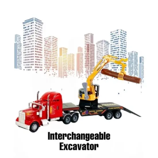 Big Daddy Big Rig Heavy Duty Tractor Trailer Low Boy Transport Flat Bed & Excavator Toy Trucks Combo image {3}