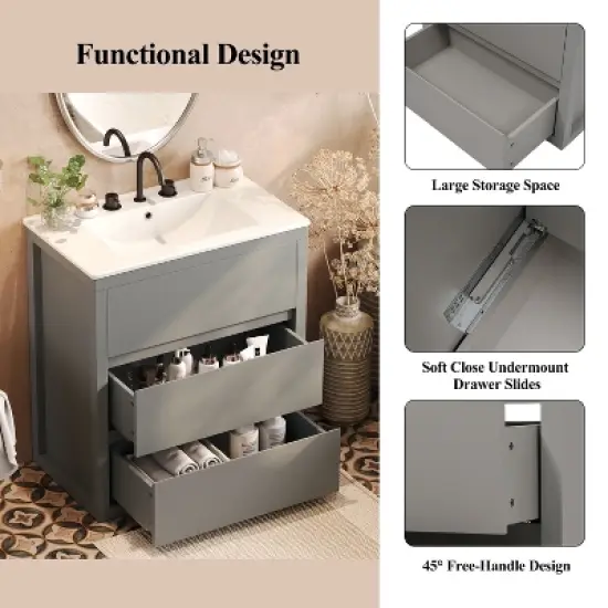 Christopher Knight Home Griffin Contemporary 30" Bathroom Vanity with Ceramic Sink and Full-Extension Drawers image {5}