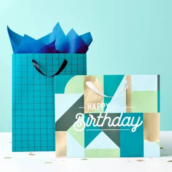 Large Birthday Gift Bag with Tissue Grid - Spritz&trade;: Stripe Pattern, Black & Teal Blue, 12.75" x 10" x 5" image {1}