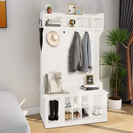 Multi-Functional Coat Rack with Shoe Storage and Nightstand, Sturdy Wood Entryway Organizer for Small Spaces image {1}