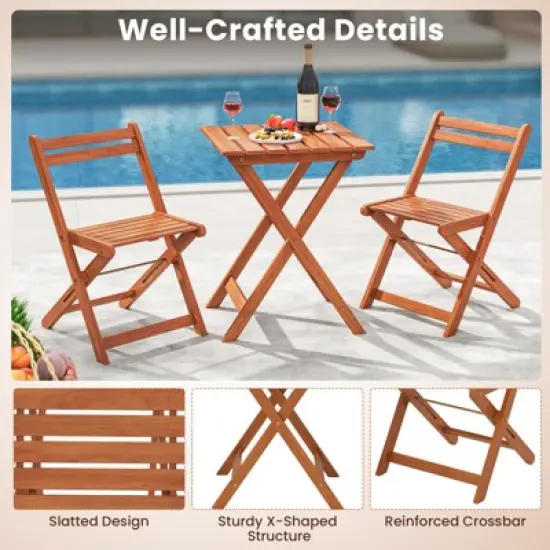 Tangkula 3 PCS Outdoor Wood Bistro Set w/ 2 Folding Chairs & Dining Table for Backyard image {7}