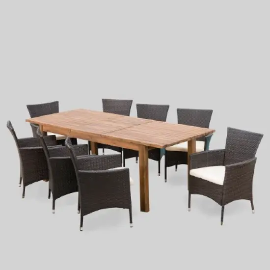 Oslo 9pc Acacia Wood & Wicker Patio Dining Set - Brown - Christopher Knight Home image {1}