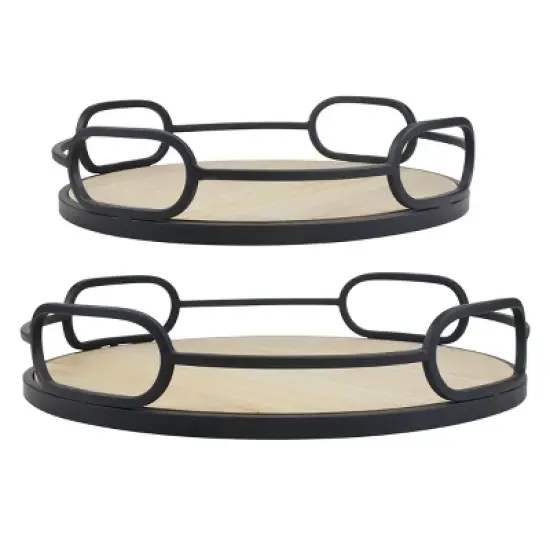 2pc Modern Round Wood and Metal Serving Tray Set Brown - Stonebriar Collection image {2}