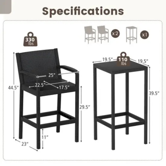 Tangkula 3 Piece Patio Bar Set Bistro Table & Chairs w/ Heavy-Duty Metal Frame image {8}