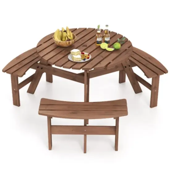 Tangkula 6-Person Round Picnic Table Set w/ 3 Built-in Benches 2" Umbrella Hole image {10}
