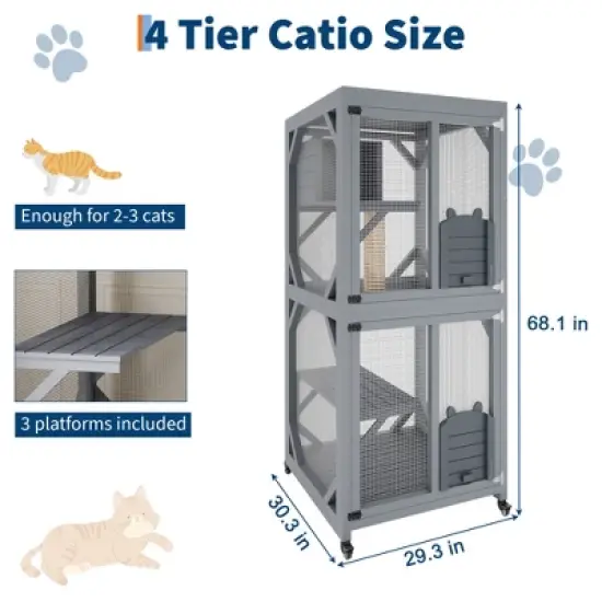 68" Large Wooden Cat Cage with Roof, Multi-Level Cat House with 4 Platforms, Hammock & Scratching Post image {1}
