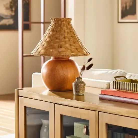 Wood Base with Rattan Shade Accent Table Lamp - Hearth & Hand&trade; with Magnolia image {2}