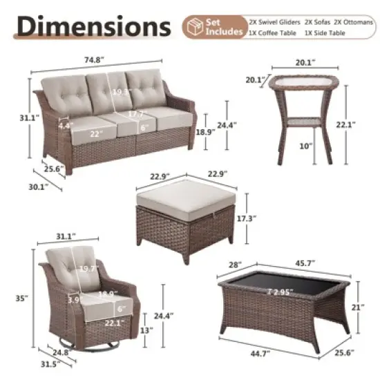 POCASSY 6 Inch Thick Cushion Patio Furniture Set with Swivel Glider Chairs, 8 Piece Patio Set with Brown Wicker Round Rattan and Olefin Cushion Cover image {14}