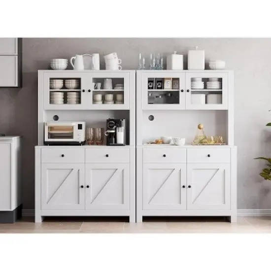 63" Tall Kitchen Pantry Cabinet with Drawers, Hutch, Glass Doors, Adjustable Shelves, Freestanding Microwave Stand & Storage Cabinet, White image {6}