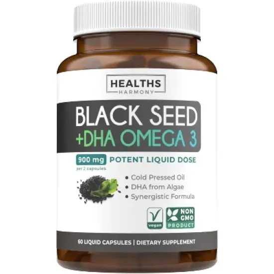 Black Seed Oil + DHA Liquid Capsules, Cold-Pressed Nigella Sativa with Omega 3 DHA for Full Body Wellness & Brain Support, Health's Harmony, 60ct image {8}