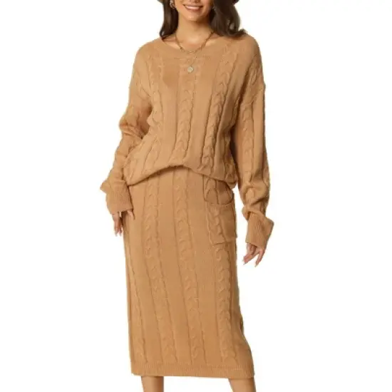 Seta T Womens' Fall Winter Casual Crewneck Sweater Two Pieces Outfit Midi Skirts with Pockets Lounge Set image {5}