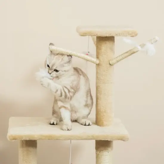 PawHut 53" Plush Sturdy Interactive Cat Condo Tower Scratching Post Activity Tree House - Beige image {5}