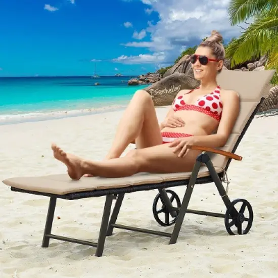 Tangkula Outdoor Rattan Wicker Lounge Chair Folding Patio Chaise w/ Wheels & Cushion image {2}