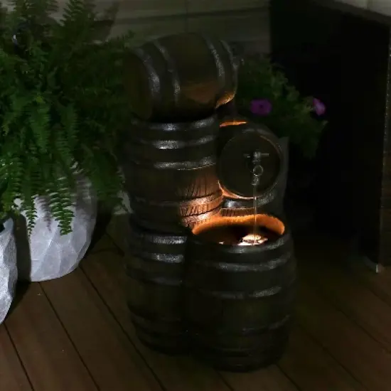 Sunnydaze 29"H Electric Polyresin Stacked Whiskey Barrel Outdoor Water Fountain with LED Lights image {9}