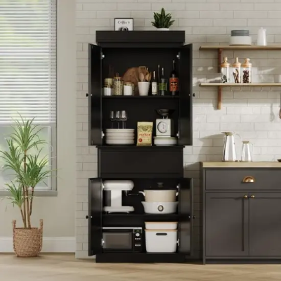 Kitchen Pantry Cabinet, Tall Storage Cabinet with Rattan Doors and Adjustable Shelves, Freestanding Cupboard with Drawer for Bathroom, (Black) image {5}