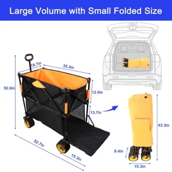 Gulches Extra Long Folding Wagon Cart - Black & Orange, 52.7"L x 19.7"W x 50.9"H, 450lbs Capacity image {2}