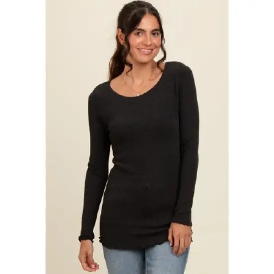 PinkBlush Charcoal Ribbed Knit Long Sleeve Lettuce Hem Maternity Top image {4}