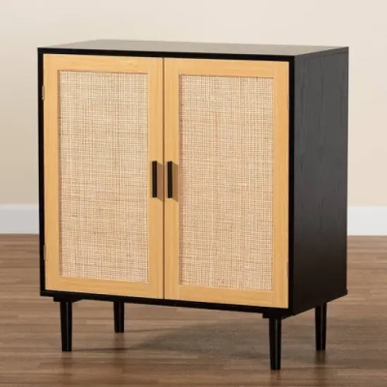 Maureen Wood and Rattan 2 Door Storage Cabinet Espresso/Natural Brown - Baxton Studio image {8}