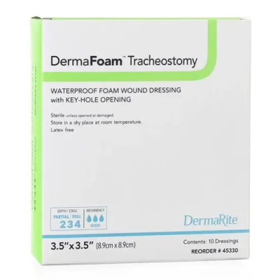 DermaFoam Tracheostomy Foam Dressing 3.5 x 3.5" Fenestrated Square No Border Waterproof Backing 45330 10 per Box image {1}
