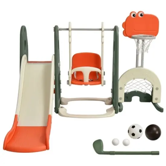 Costway 6 in 1 Toddler Slide and Swing Set Climber Playset w/ Ball Games White\Orange image {9}