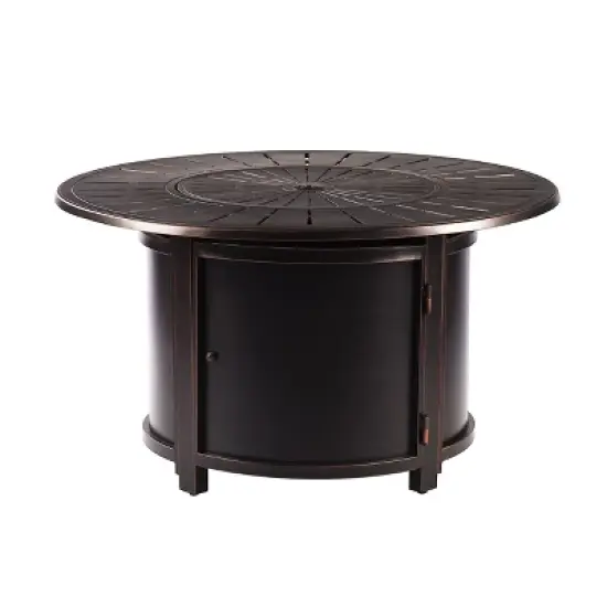 44" Round Aluminum Outdoor Propane Fire Table with Wind Blockers Lid & Propane Tank Cover - Oakland Living image {1}