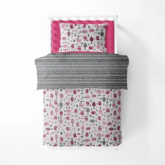 Bacati - Owls in the Woods Pink Fuschia Gray 4 pc Toddler Bedding Set image {4}