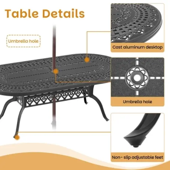 (9-PC)Premium Black Cast Aluminum Patio Set - Weather-Resistant Outdoor Table & Chairs with Beige Cushions, Umbrella Hole Included image {5}