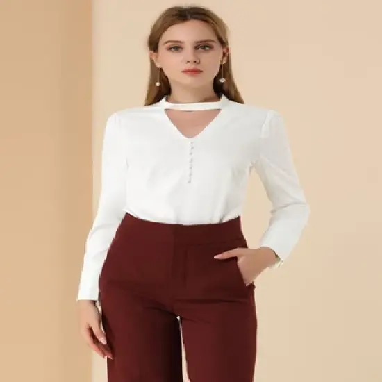 Allegra K Women's Keyhole Stand Collar Blouse Long Sleeve Button Front Work Blouses image {2}