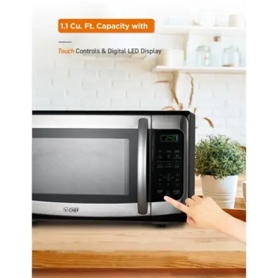 COMMERCIAL CHEF 1.1 Cu Ft Microwave with 10 Power Levels, Push Button Door Lock, Turntable and Digital Controls, Stainless Steel image {5}