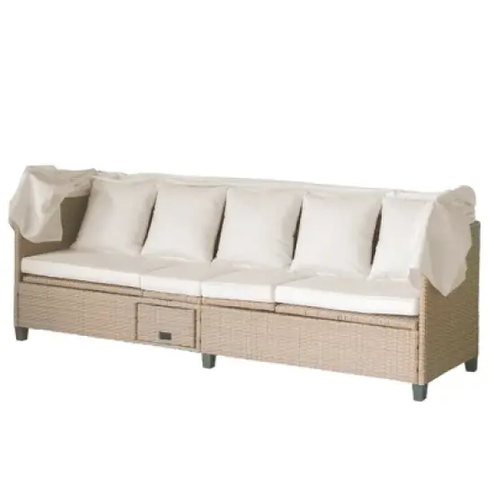 FIONECA 4-Piece UV-Proof Resin Wicker Patio Sofa Set with Retractable Canopy, Cushions & Lift-Top Table, Beige Outdoor Furniture image {9}