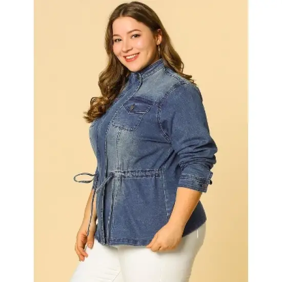 Agnes Orinda Women's Plus Size Stand Collar Zipper Denim Jacket image {3}