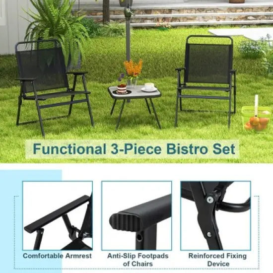 Costway 3pcs Patio Folding Conversation Chairs&Table Heavy-Duty Metal Outdoor Portable image {4}