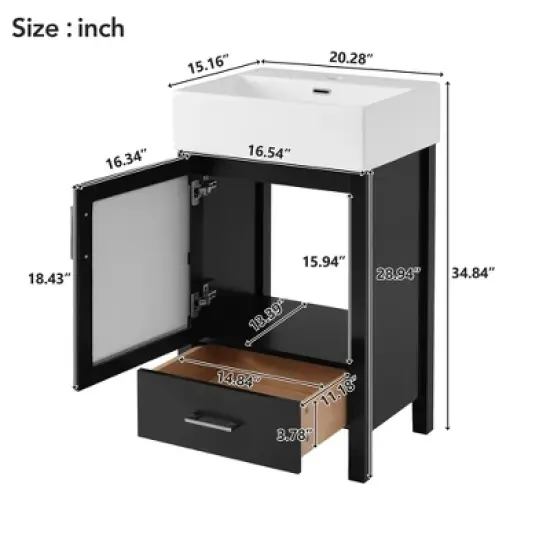 MOEPISY 20 Inch Bathroom Vanity With Ceramic Sink And Ample Storage, Ideal For Small Bathrooms, Black image {7}