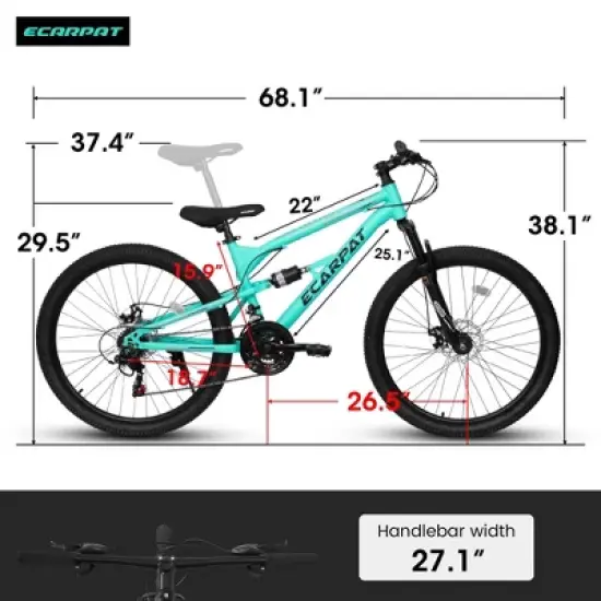NAYSAYE Bicycle 26 Inch Mountain Bike with Steel Frame Shock Fork 21 Speed for Men and Women, Blue, 68"*27"*38" image {2}