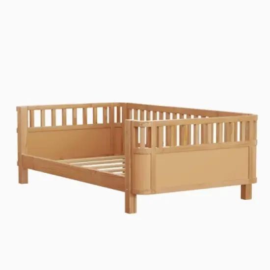Twin/Full Wood Platform Bed Daybed with Safety Rails, Sofa Bed Low Profile Toddler Bed Frame - ModernLuxe image {7}
