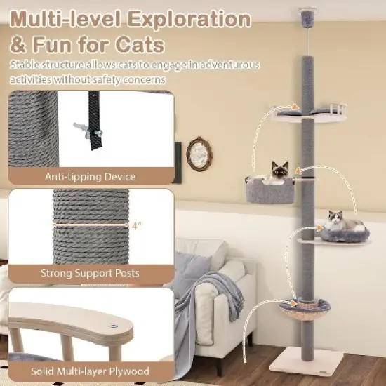 Tangkula Floor to Ceiling Cat Tree with Adjustable Height (93-107 Inch) for Large Cats 5 Tier Cat Climbing Pole with Scratching Post image {4}