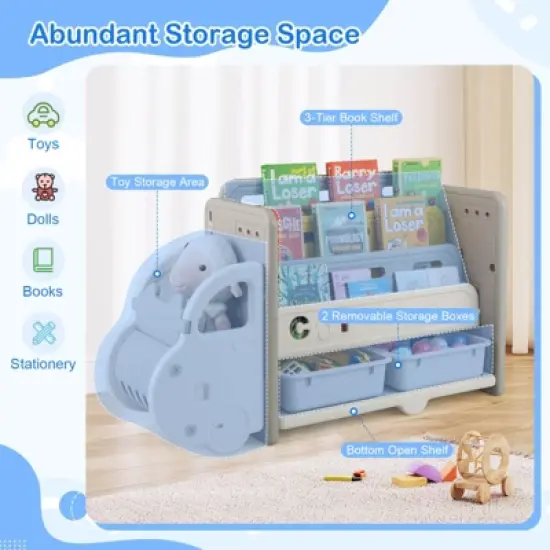 Costway 3-Tier Kids Toy Storage and Bookshelf with  2 Storage Boxes Decorative Car Head image {4}
