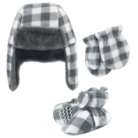 Hudson Baby Unisex Baby Trapper Hat, Mitten and Bootie Set, Charcoal White Plaid image {7}