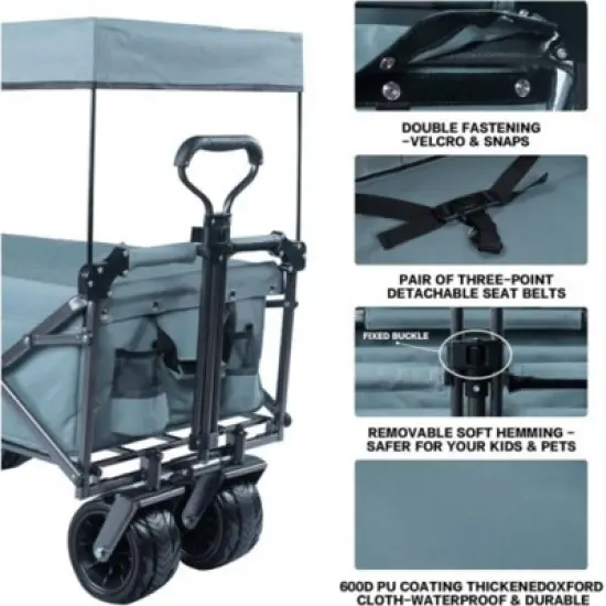 FURNIinspire Outdoor Serving Carts Collapsible Wagon Foldable with Removable Canopy Wheels for All-Terrain Brake for Camping, Gray, 35.4"*19.7"*44.5" image {3}