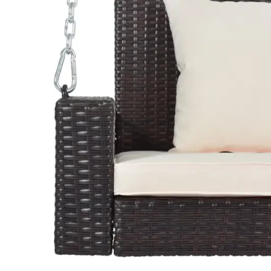 FIONECA 2-Person Wicker Hanging Porch Swing with Cushion & Pillow, Outdoor Rattan Swing Bench with Chains for Garden, Backyard, Pond (Brown/Beige) image {12}