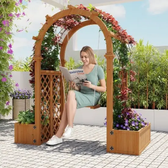 Garden Arbor with Planter Boxes and Swing Outdoor Arch Trellis with Pergola for Climbing Plants image {1}