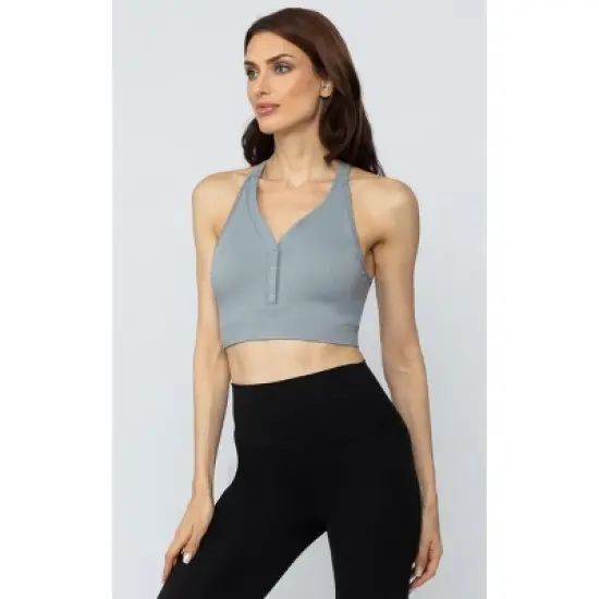 Yogalicious Sorority Girl Seamless Ribbed Button Henley Cropped Tank Top image {9}