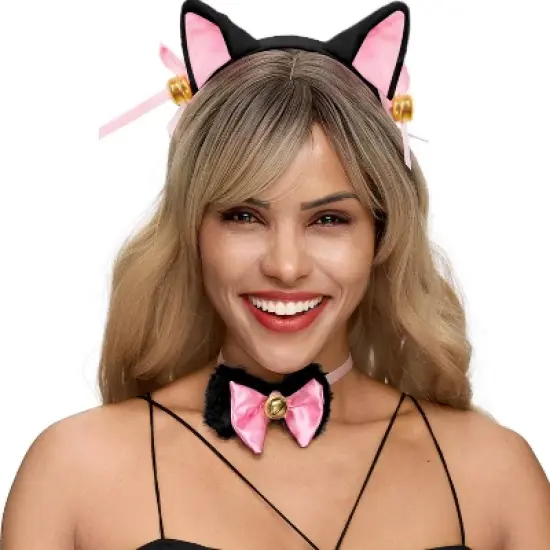 Joyfy 5 Pcs Kitty Cat Halloween Costume Accessory Set for Adult, Kids, Cat Ears Headband, Paws Gloves, Bow Tie, Tail, Cosplay Dress Up Party image {7}