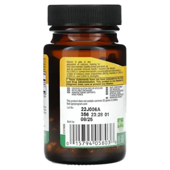 Country Life Vitamin D3, 62.5 mcg (2,500 IU), 60 Softgels image {2}