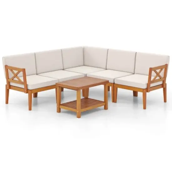 Costway 6 PCS Acacia Wood Patio Furniture Set with Cushions and 2-Tier Coffee Table image {9}