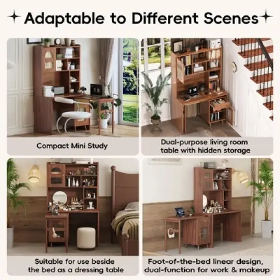 L Shaped Computer Desk With Hutch, Office Desk with 90 Degree Rotating Desktop, Corner Gaming Desk with Storage, Writing Table for Home Office image {3}